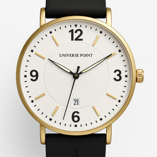 Universe Point Men’s Watch – White Textured Dial, Gold Case, Black Strap & Magnet Lock