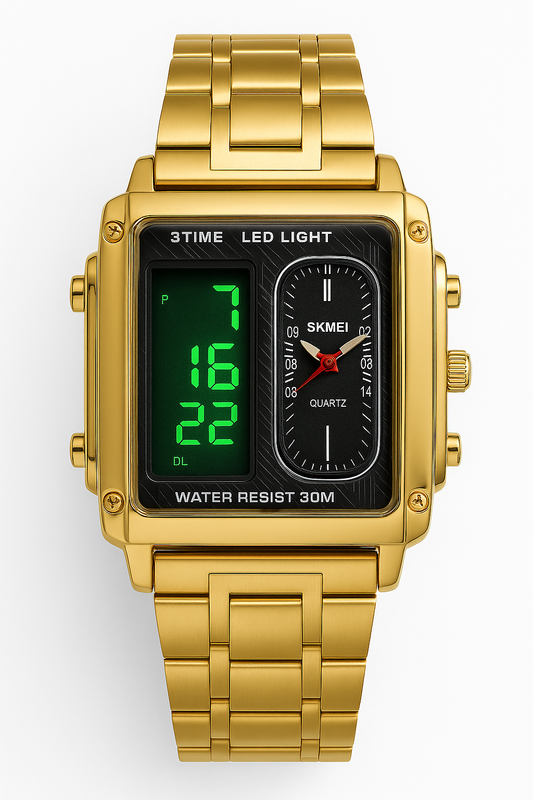SKMEI Dual Display Men’s Watch – Gold Stainless Steel, LED Light, Waterproof 3ATM