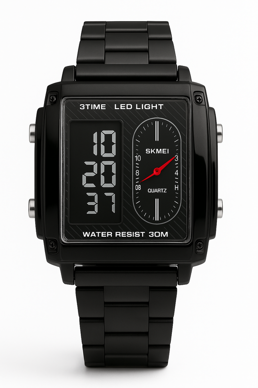 SKMEI Dual Display Men’s Watch – Black Stainless Steel, LED Light, Waterproof 3ATM