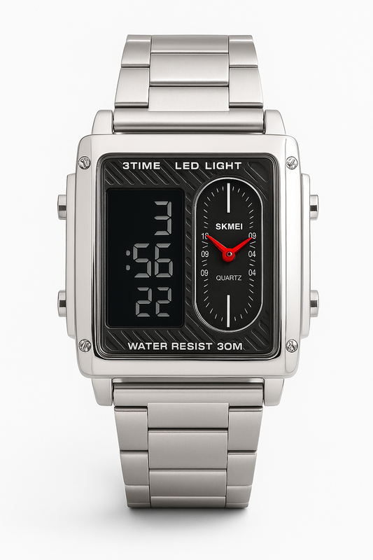 SKMEI Dual Display Men’s Watch – Silver Stainless Steel, LED Light, Waterproof 3ATM