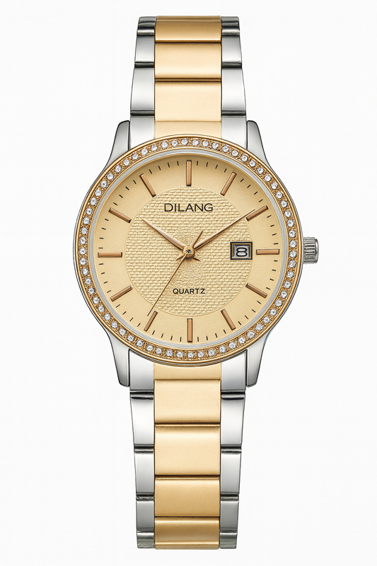 Dilang Two-Tone Luxury Quartz Watch with Gold Dial & Crystal Bezel
