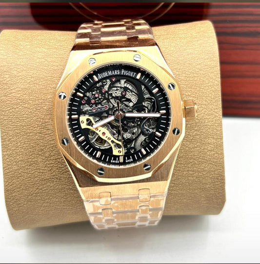 Audemars Piguet (AP) Royal Oak – Black Skeleton Dial with Golden Chain (Luxury Edition)