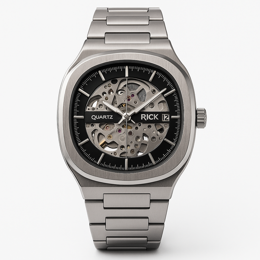 Rick Skeleton Quartz Watch – Brushed Silver Case with Steel Mesh Strap